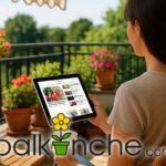 Жена пие кафе на уютен балкон и разглежда сайта Balkonche.com на своя таблет