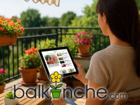 Жена пие кафе на уютен балкон и разглежда сайта Balkonche.com на своя таблет